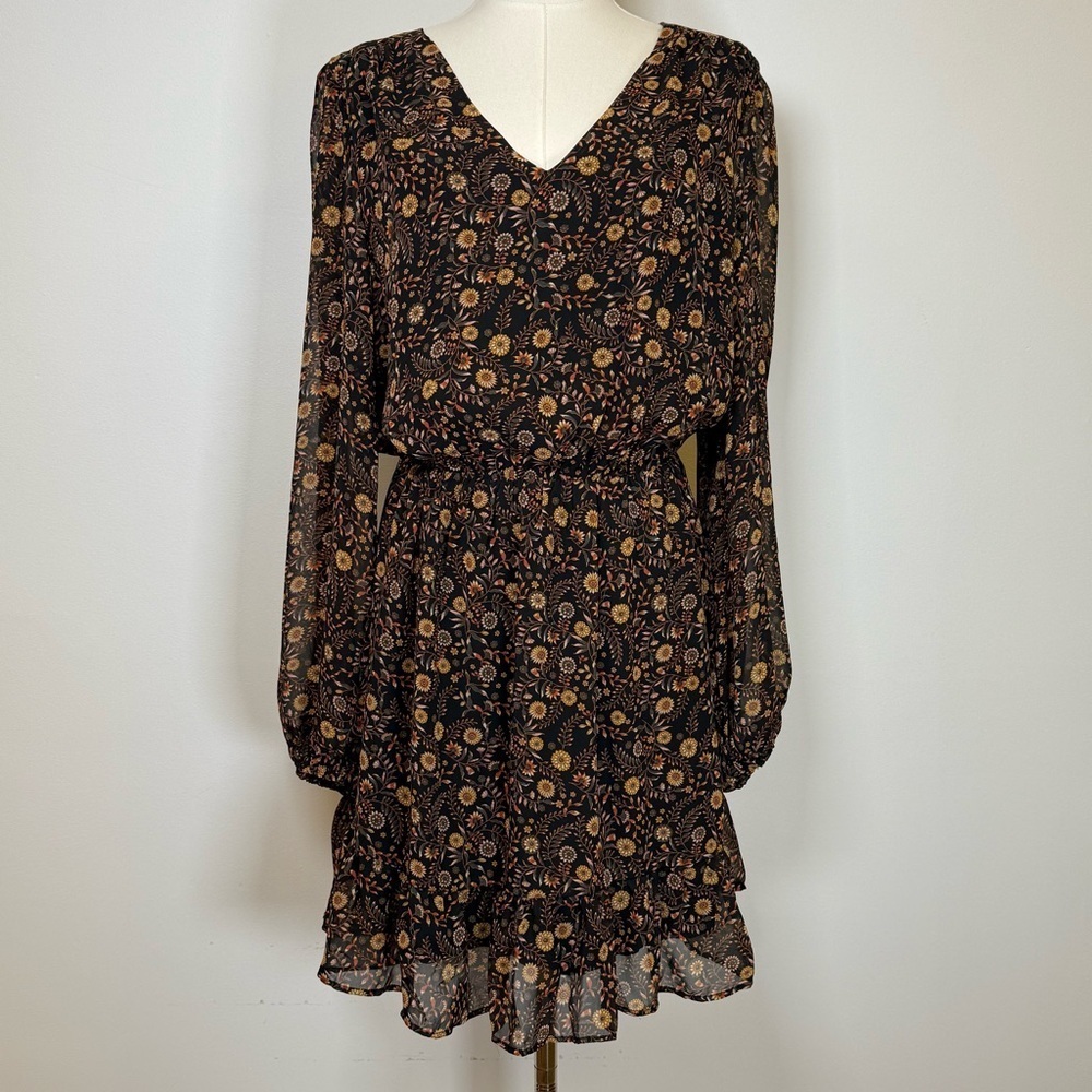 New! Evereve ‘Olivia’ Black Brown Floral Print Mini Dress Women’s Size Medium - Picture 2 of 12